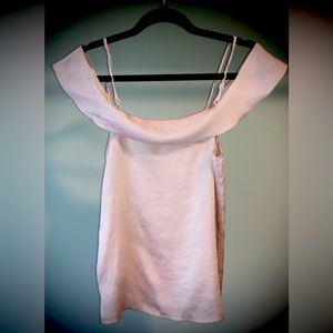 Light pink, off the shoulder, flowy crop top